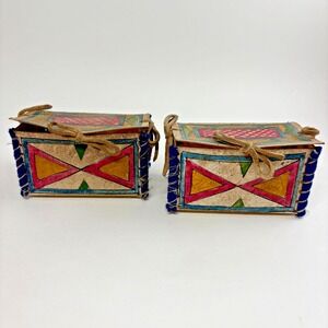 Mid 1900s (2) HandPainted Toy Doll Parfleche Trunks Trinket Boxes Sioux Indian